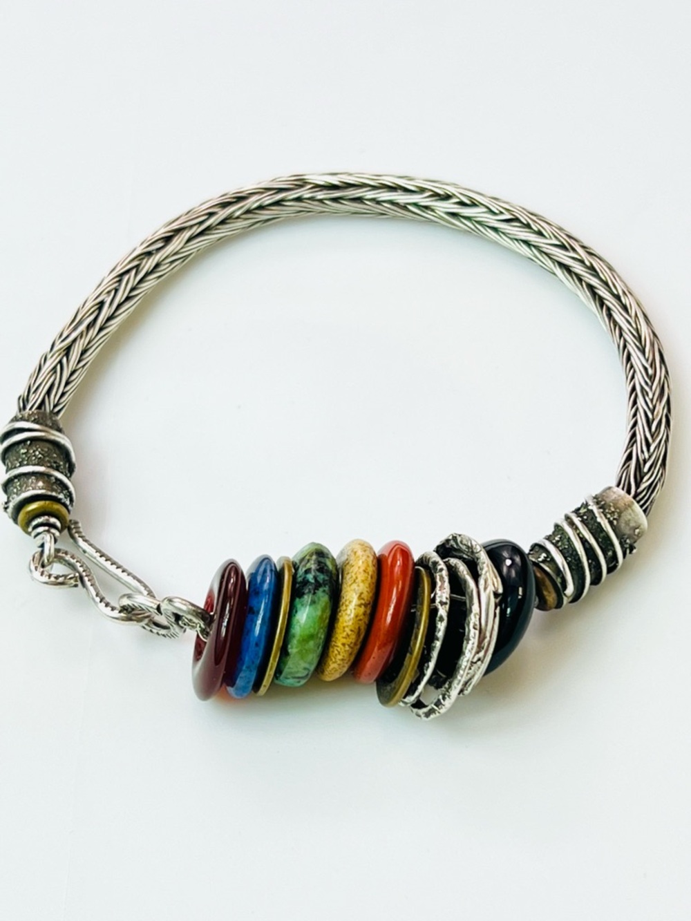 Debra Colonna Santa Fe Sterling Silver Gemstone Disc Bracelet Artisan Braided925